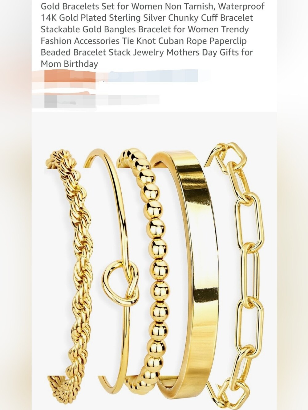 Womens Gokeey waterproof 14k Gold Plated Bracelet Set– 5 Piece Stackable Bangles